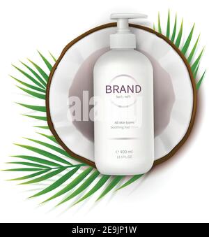 Cosmetic ad realistic vector. White dispenser bottle lies in half of coconut isolated on white background. Design elements for promo banner for natural organic cosmetics Stock Vector