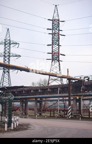 a large industrial enterprise. pipelines, high-voltage power lines. ukraine Stock Photo