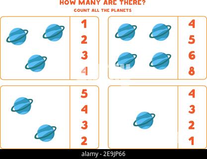 Count all planets Uranus and write the correct number into box. Counting game for kids. Stock Vector