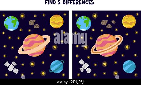 Find five differences between pictures. Saturn and other planets. Stock Vector