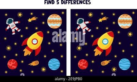 Find five differences between pictures. Rocket and planets. Stock Vector