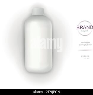 Vector realistic cosmetic container template, white plastic bottle with screw cap and brand label isolated on white background. Skin care cosmetics, cream, lotion, liquid soap or bath foam Stock Vector