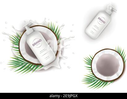 Cosmetic elements realistic vector set. White dispenser bottle with lotion and half of coconut on background of milk splash with drops. Mock up, design template for natural organic cosmetics Stock Vector