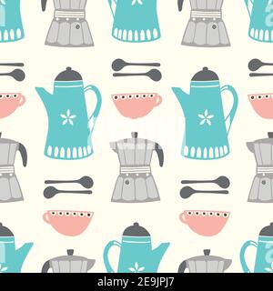 Coffee pattern design. Vector seamless repeat of espresso, pots, cups and spoons, retro style beverage illustration. Stock Vector