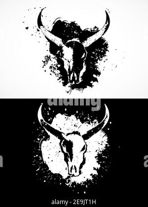 Vector illustration with bull skulls. Two variants: black and white silhouettes with grunge texture and spots. For t-shirts, posters and other your de