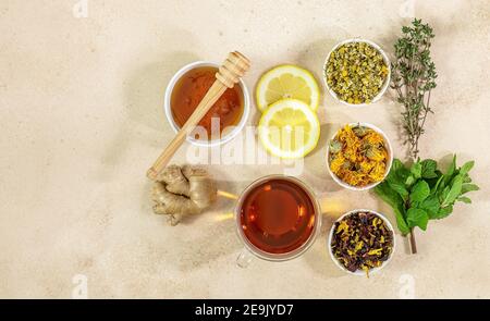 Cup of freshly brewed fruit and herbal tea with mint, lemon, and ginger. Healthy concept. Trend hard shadows Stock Photo