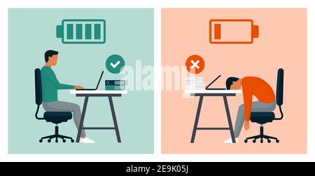 Work efficiency and professional burnout: productive businessman in the office vs exhausted worker comparison Stock Vector