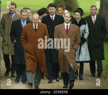 File photo dated 25/12/03 of the Royal Family, the Prince of Wales (second Left), the Duke of Edinburgh (third Left), Commander Tim Laurence (centre), the Duke of Sussex (fourth right), the Earl of Wessex (third Right), the Princess Royal (second right) and and the Duke of York (right) arriving at St Mary Magdalene Church on the royal estate at Sandringham, Norfolk, before the Christmas Day service. The Queen has been a reassuring presence for many during the past 12 months as the country has endured the pandemic and come to terms with life under lockdown. Issue date: Friday February 5, 2021. Stock Photo