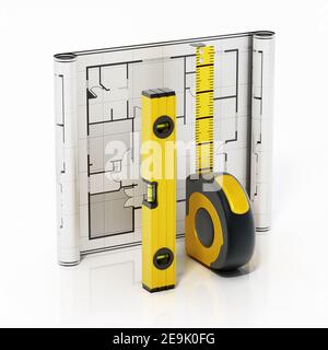 Tape measure, water level and blueprint isolated on white background. 3D illustration. Stock Photo