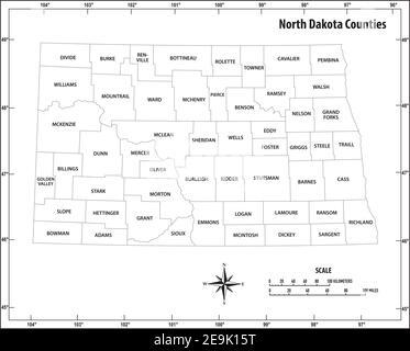 north dakota state outline administrative and political vector map in black and white Stock Vector
