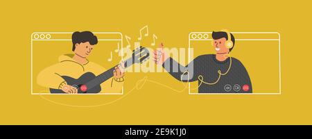 Videoconference of a young guy playing an acoustic guitar. The guy with headphones makes a video call. Stream online concert on social networks. Vecto Stock Vector