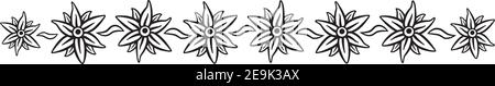 Vector illustration in black line on white background of a border of flowers. Stock Vector