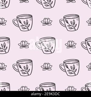 Teacups seamless repeat pattern background vector. Cute mugs, cups with floral elements. Stock Vector