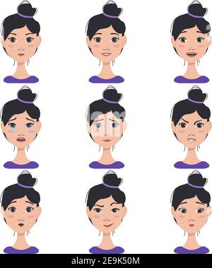 Set of facial expressions avatars of an oriental woman with different emotions Stock Vector