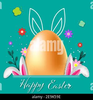 Happy Easter greeting card with flowers, eggs, butterflies and rabbit elements composition. Vector illustration for greeting card, ad, promotion, post Stock Vector
