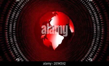 Abstract background with earth globe in red - rings of binary code arranged in cylinder shape - global internet or information technology Stock Photo