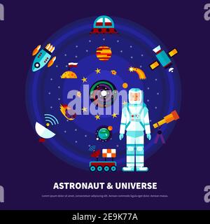 Astronaut and universe set with different space objects on blue background vector illustration Stock Vector