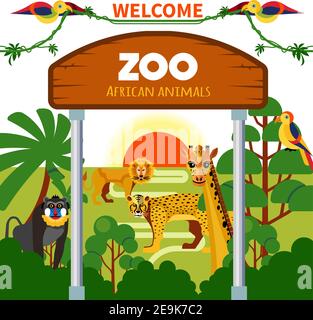 Zoo african animals with exotic birds at sunrise or sunset vector illustration Stock Vector