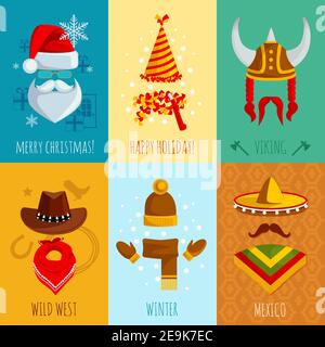 Merry christmas happy holiday viking wild west winter and mexico hats and accessories flat mini posters vector illustration Stock Vector