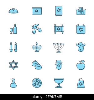 Judaism icons set, outline, glyph. filled vector symbol collection. Signs, logo illustration. Set includes icons as jewish holiday hanukkah, david sta Stock Vector