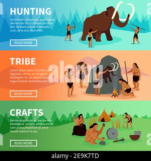 Prehistoric stone age caveman banners with mammoth hunting  life of tribe and primitive crafts flat vector illustration Stock Vector