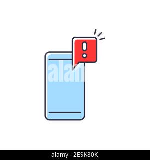 Mobile phone icon with exclamation mark icon, color, line, outline vector sign, linear style pictogram isolated on white. Symbol, logo illustration Stock Vector
