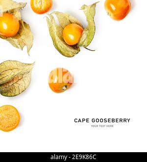 Creative layout with fresh physalis fruits on white background. Healthy eating and food concept. Cape gooseberry composition. Top view, flat lay Stock Photo