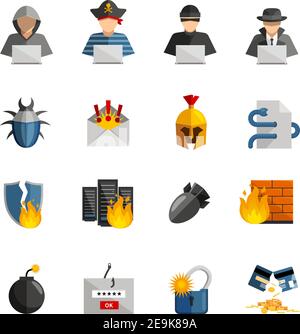 Hacker flat color icons set of bug firewall worm phishing  signs and broken credit card isolated vector illustration Stock Vector