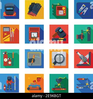 Welding flat icons in colorful squares with welder tools protection clothes and measuring instrument isolated vector illustration Stock Vector