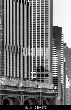 Black and white picture of Manhattan diverse architecture, New York City, USA. Stock Photo