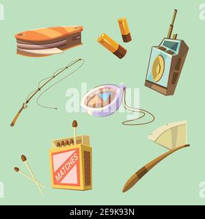 Hiking equipment set with axe matches and knife on green background isolated vector illustration Stock Vector