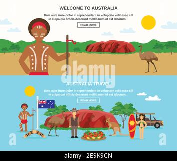 Welcome to australia banners with landscape seafood aborigine surfing animals and flag isolated vector illustration Stock Vector