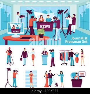 Journalist and pressmen  set with hot news ad conference symbols flat isolated vector illustration Stock Vector