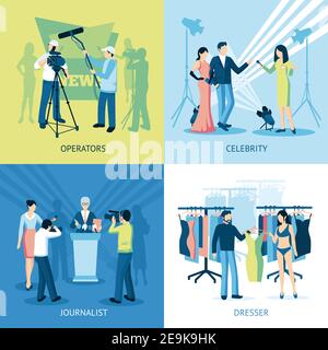 Pressman and journalist concept icon set  interview dresser operator vector illustration Stock Vector
