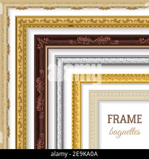 Frame baguettes realistic set for paintings and pictures isolated vector illustration Stock Vector