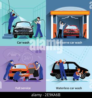 Car wash center full and self service facilities 4 flat icons square composition abstract vector isolated illustration Stock Vector