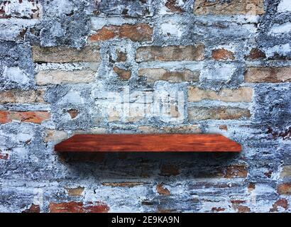 Rustic wooden shelf on grey concrete wall texture background with clipping path. pattern wallpaper Stock Photo