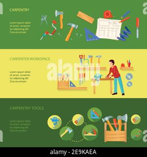 Carpentry tools workspace and activity example concept three horizontal banners vector illustration Stock Vector