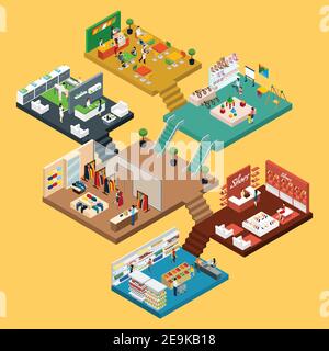 Mall Isometric icon set with conceptual 3d map of multistory shopping center with different floors and areas vector illustration Stock Vector