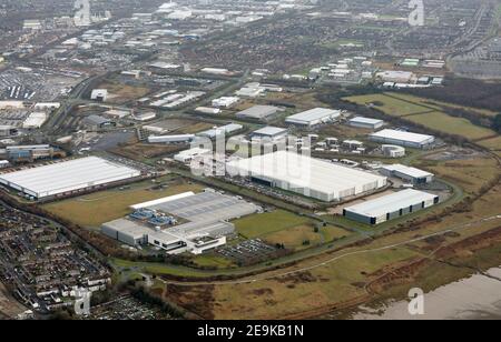 aerial view of industrial and commercial premises, including Liverpool Business Park, in the Speke area of Liverpool, close to John Lennon Airport Stock Photo