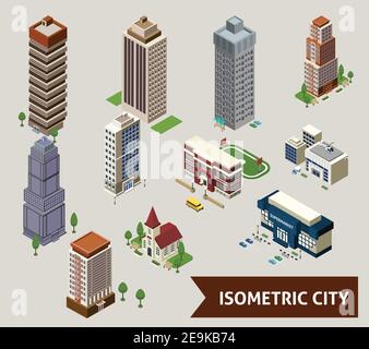 Isometric city isolated icon set with different types of buildings and adjoined territory vector illustration Stock Vector