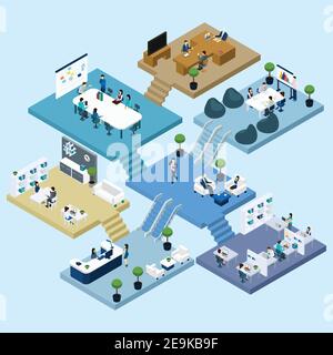 Isometric icons of multistoried office center with abstract scheme of floors rooms and activities vector illustration Stock Vector