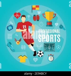 Professional sports flat icon set with sports equipment common elements and running footballer vector illustration Stock Vector