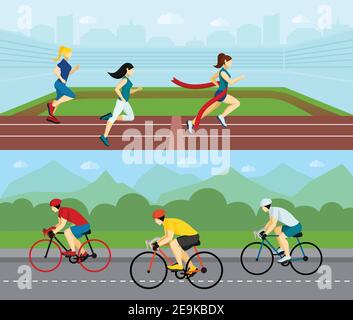 Sport people horizontal banner set with running women and cyclists racing by the road vector illustration Stock Vector