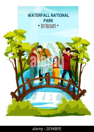 Flat colorful poster with tourist family on wooden bridge over river and waterfall landscape background vector illustration Stock Vector