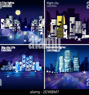 Four icon set with night cityscapes and lights in modern style isolated vector illustration Stock Vector