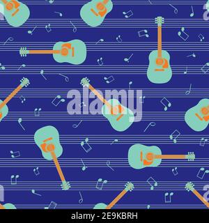 Acoustic guitar and music notes vector seamless pattern background. String instrument and annotation backdrop with musical staff horizontal lines Stock Vector