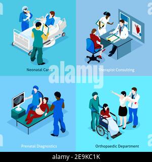 Doctor patient isometric icon set with description of neonatal care therapist consulting prenatal diagnostics and orthopedic department vector illustr Stock Vector