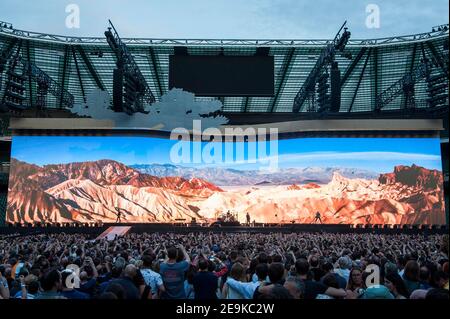 U2 perform Joshua Tree live on stage at Twickenham Stadium, Twickenham, London. Stock Photo