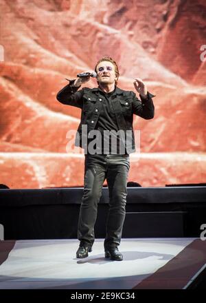 Bono from U2 performs Joshua Tree live on stage at Twickenham Stadium, Twickenham, London. Stock Photo